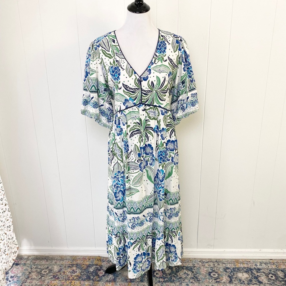 Figueroa & Flower Blue Green Floral V-Neck Puff Sleeve Midi Dress Size Large